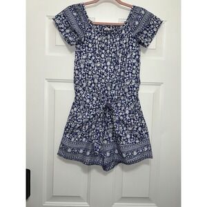 Vineyard Vine Romper Women XS Blue White Floral Pockets Tie Lined Preppy‎ Fun